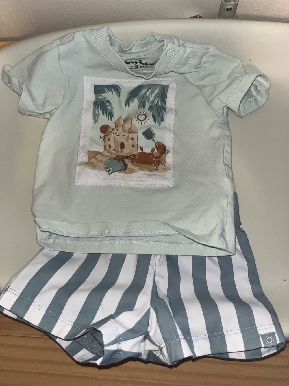 Tommy Bahama Mint Green Sandcastle Tee with Blue-Gray and White Striped Shorts